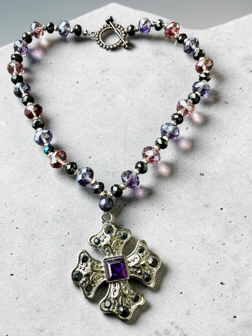 Vintage Crystal Cross Beaded Toggle Necklace 17”